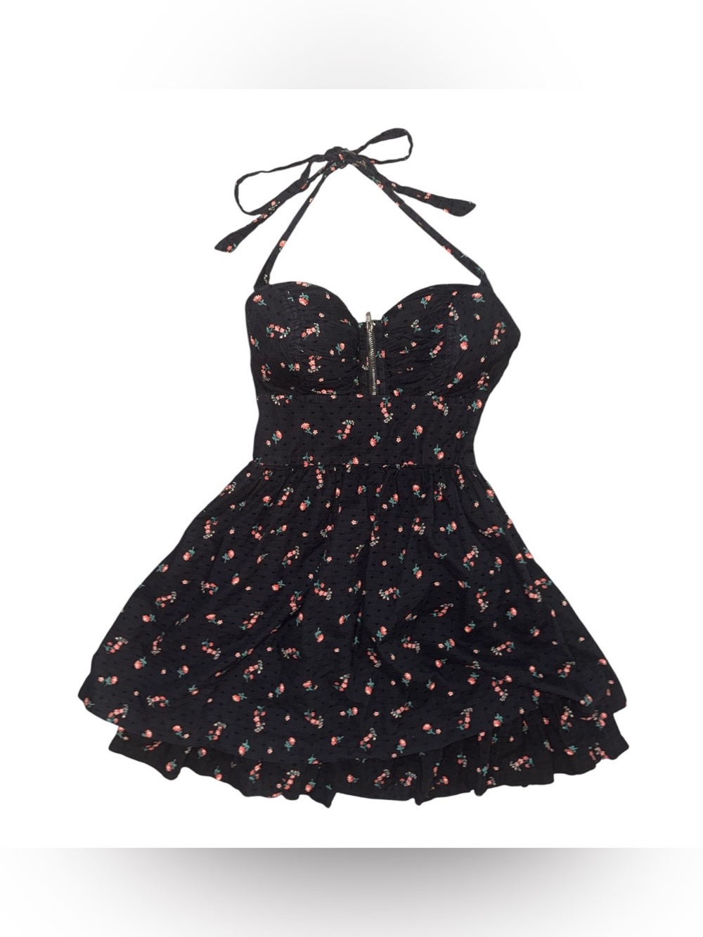 Guess Black Dress with Small Pink and Coral Micro Floral Print Milkmaid Sundress